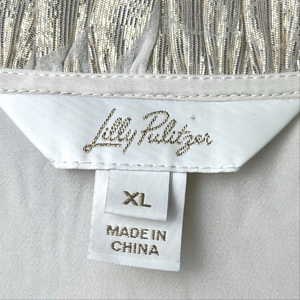 Lilly Pulitzer Giana Long Sleeve Silk Blouse Gold Cream Preppy XL - Picture 4 of 9